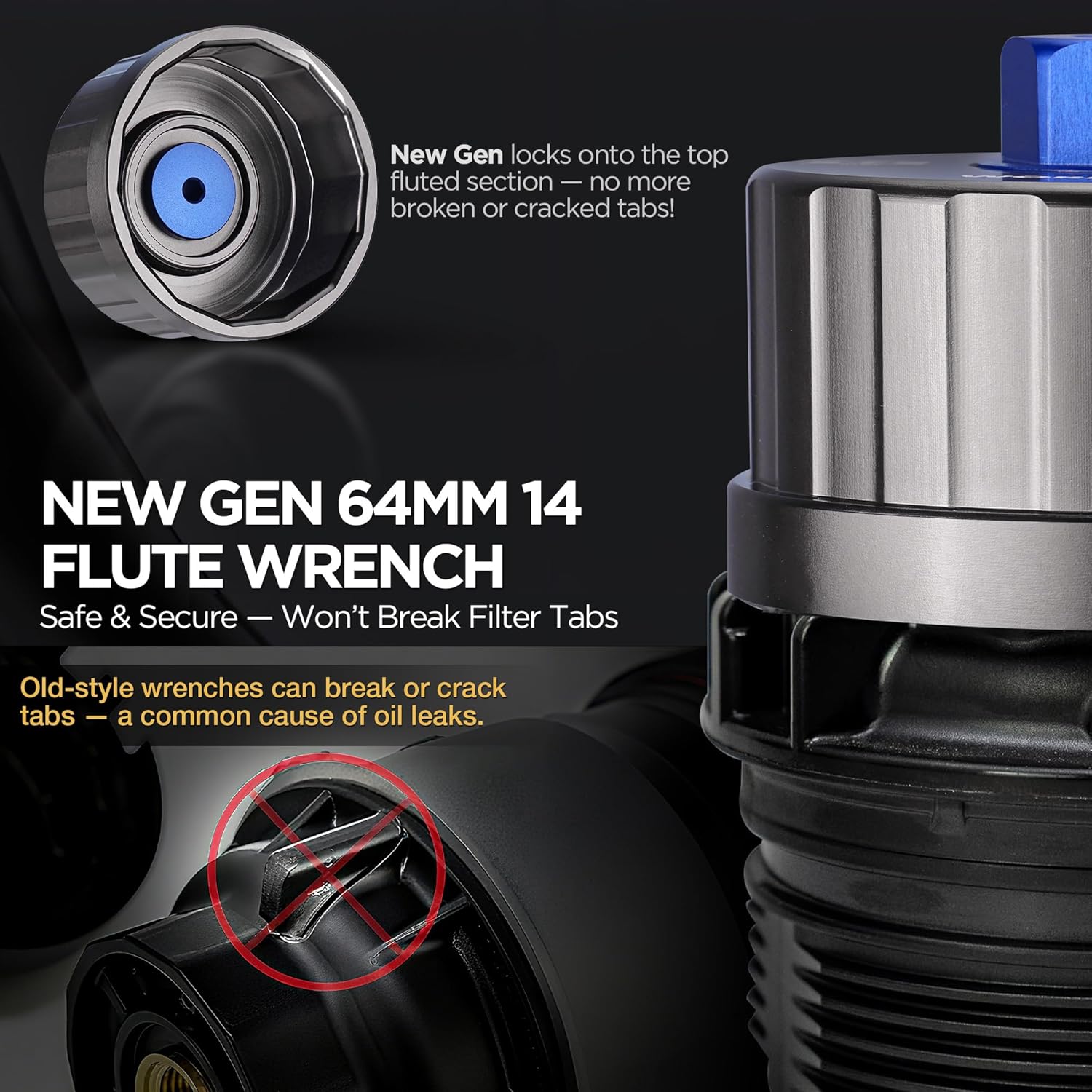 64mm 14-flute oil filter wrench, CNC aluminum with blue square drive