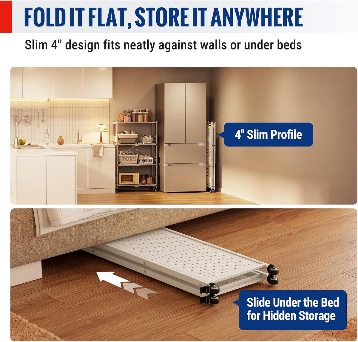 Slim white folded metal storage shelf on rolling feet, designed to slide under a bed.