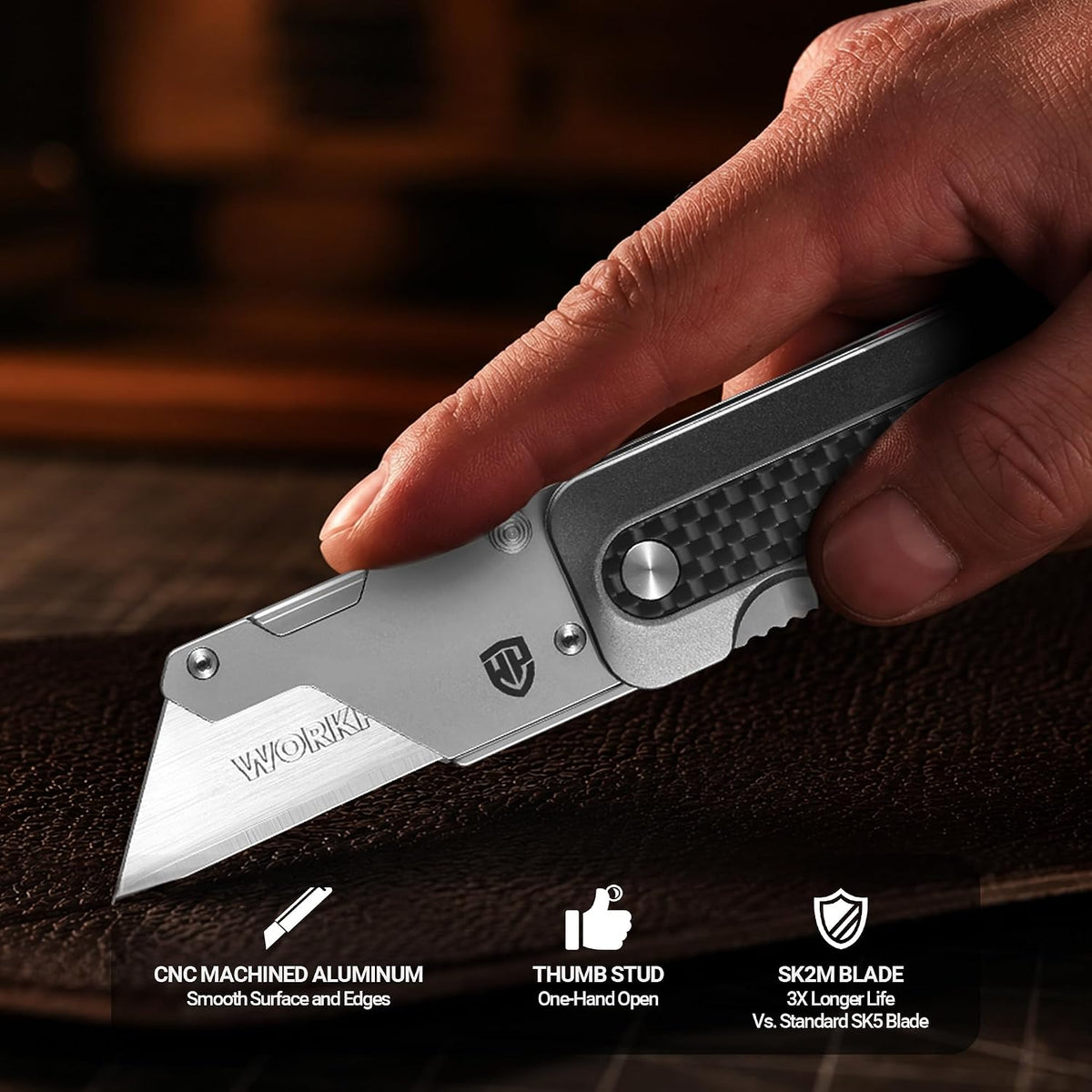 WORKPRO Utility Knife, CNC Unibody, Aluminium Handle Carbon Fiber Inlay