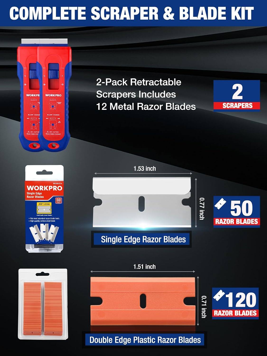 Retractable scraper & blade kit with two red-and-blue plastic scrapers and extra razor blades