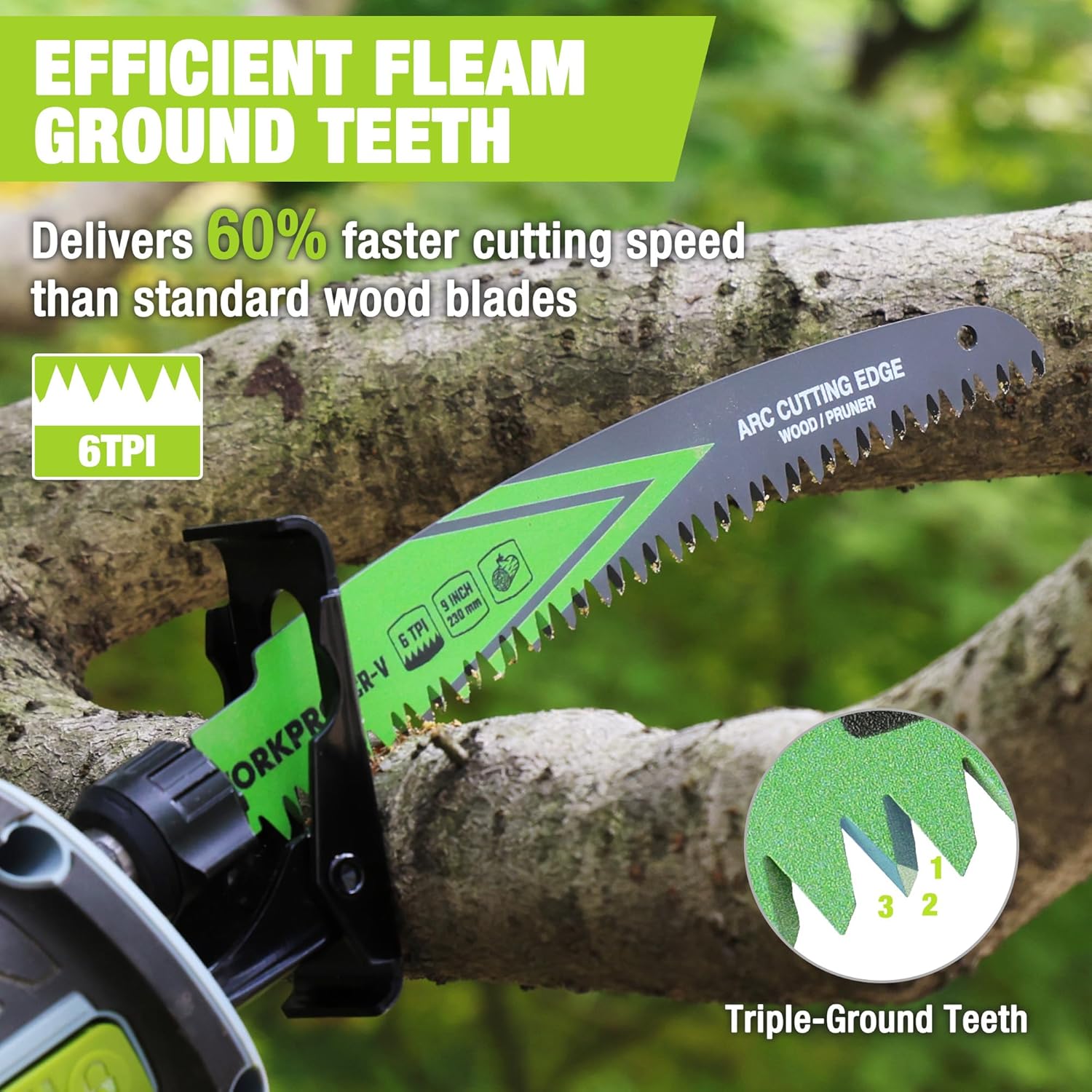 6TPI triple-ground reciprocating pruning saw blade with arc cutting edge