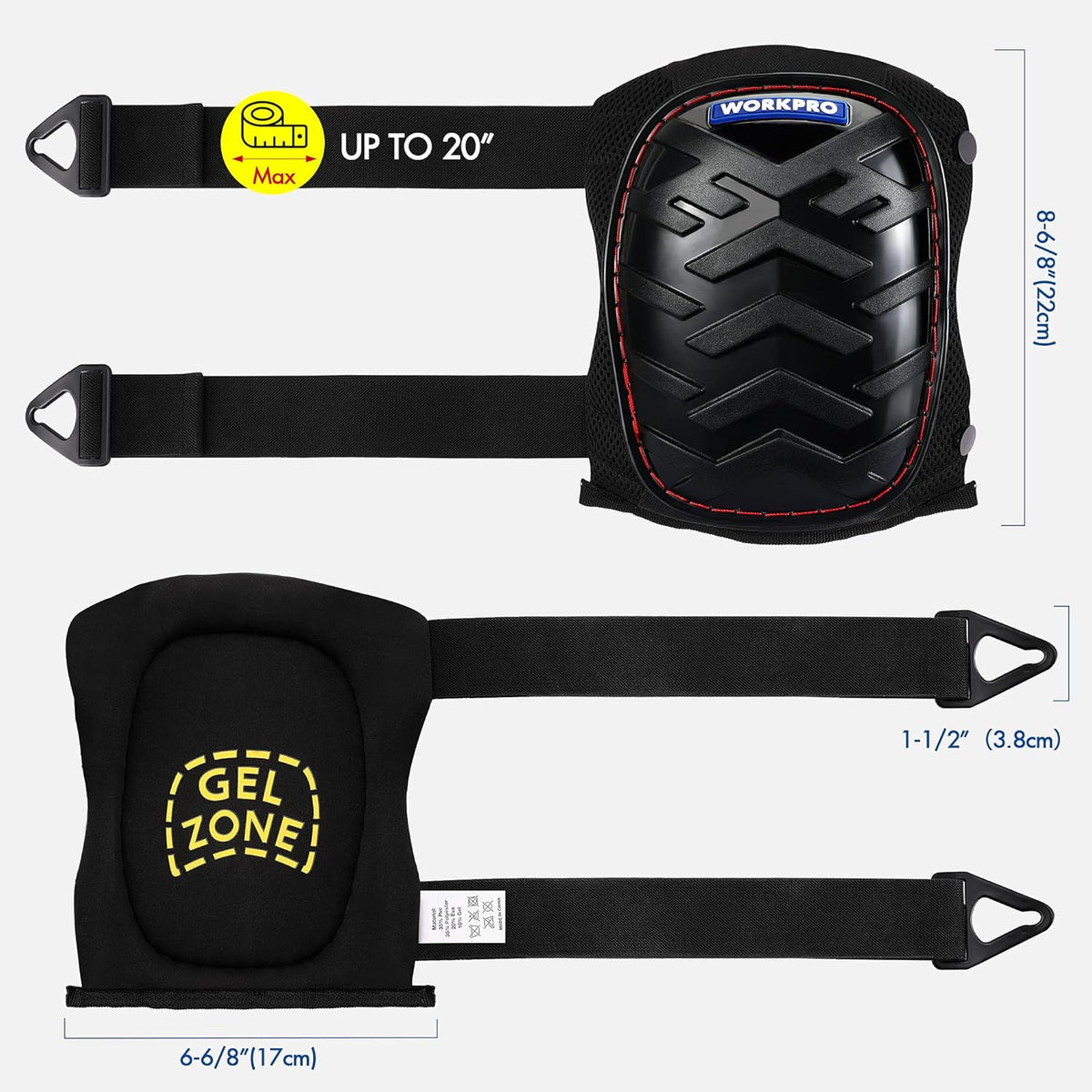 Black knee pads with adjustable belt straps and gel-cushioned pad with red trim.