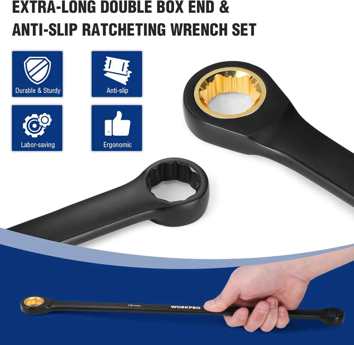 Extra-long double box-end anti-slip ratcheting wrench, black handle with gold jaw