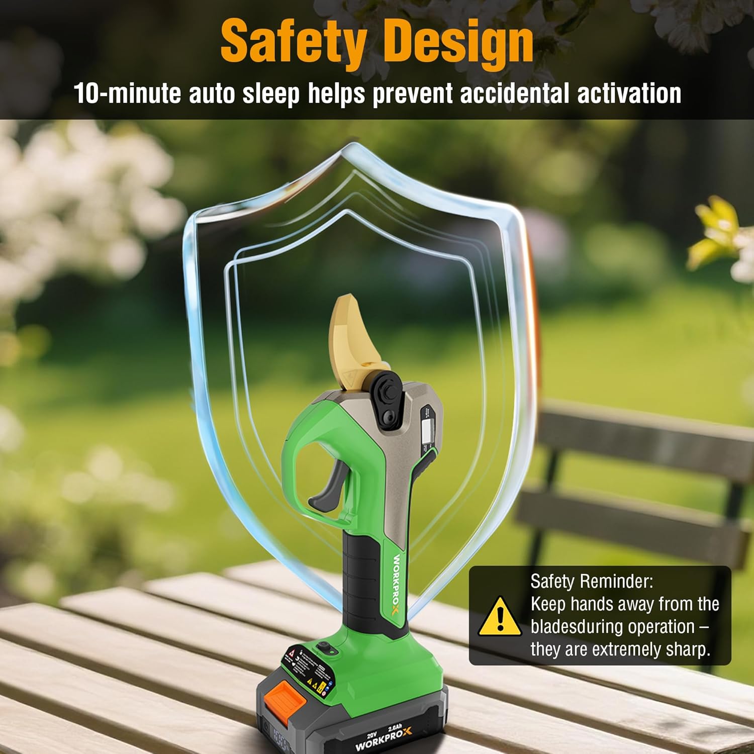 Green cordless pruning shears with safety lock shield and instruction-style safety graphic