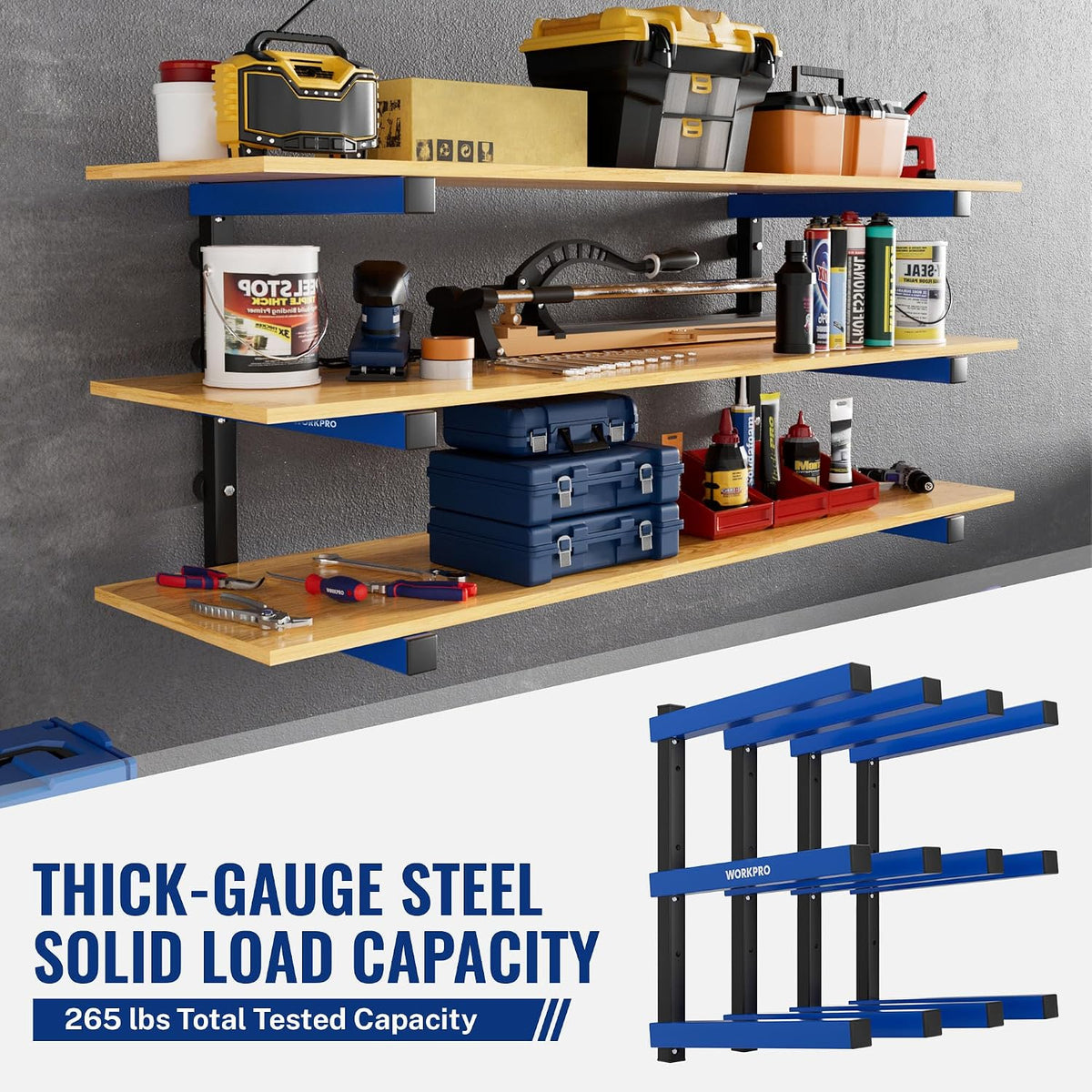 WORKPRO 4PC 3-Tier Wall Mount Lumber Storage Rack | Q195 Steel, 265 Lbs Total, 100 Lbs/Tier. Hardware Included. Fits Garages, Basements, Sheds, Workshops
