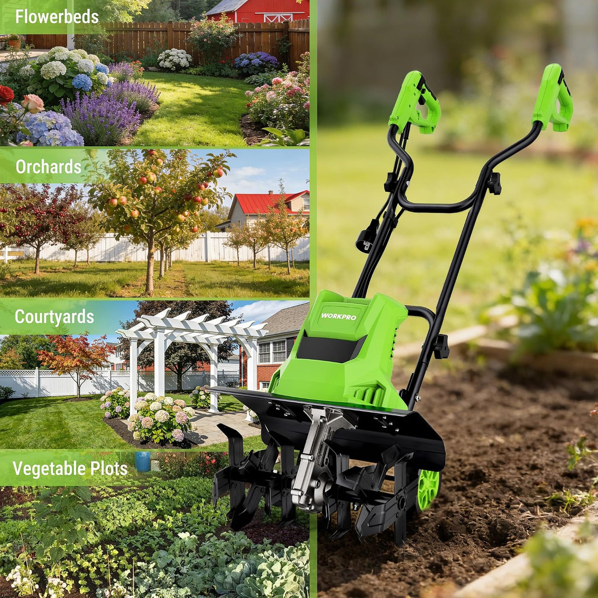WORKPRO Corded Electric Garden Tiller & Cultivator, 16" Tilling Width & 8.7" Depth, 12.5A Corded Rototiller, 6 Steel Tines, 4-Position Adjustable Wheels, for Garden, Lawn & Flower Beds