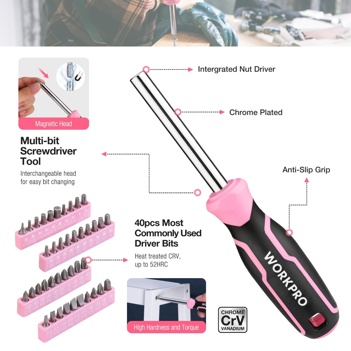 Pink and black multi-bit screwdriver with nut driver and chrome-plated metal shaft