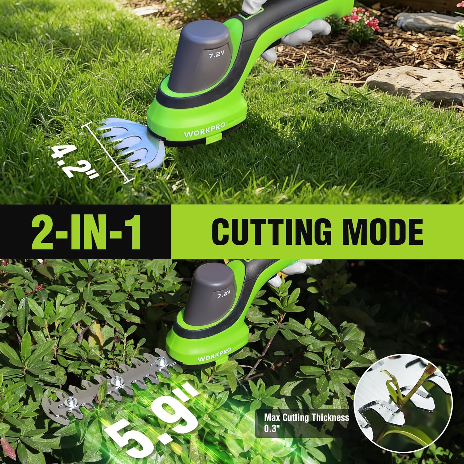 Green 2-in-1 cordless grass trimmer with hinged hedge/grass cutting blades attached