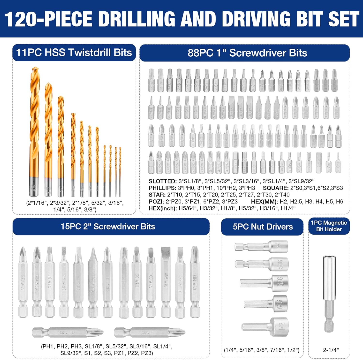 120-piece drilling and driving bit set showing multiple screwdriver bits and drill bits