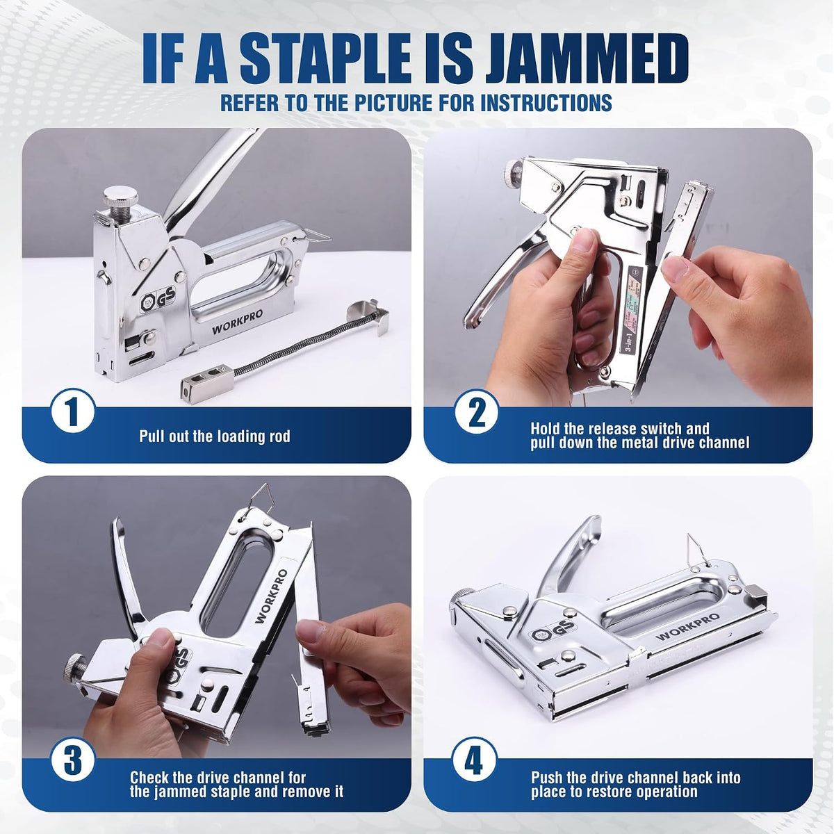 Manual staple gun guide showing jammed-staple steps with drive channel and release switch