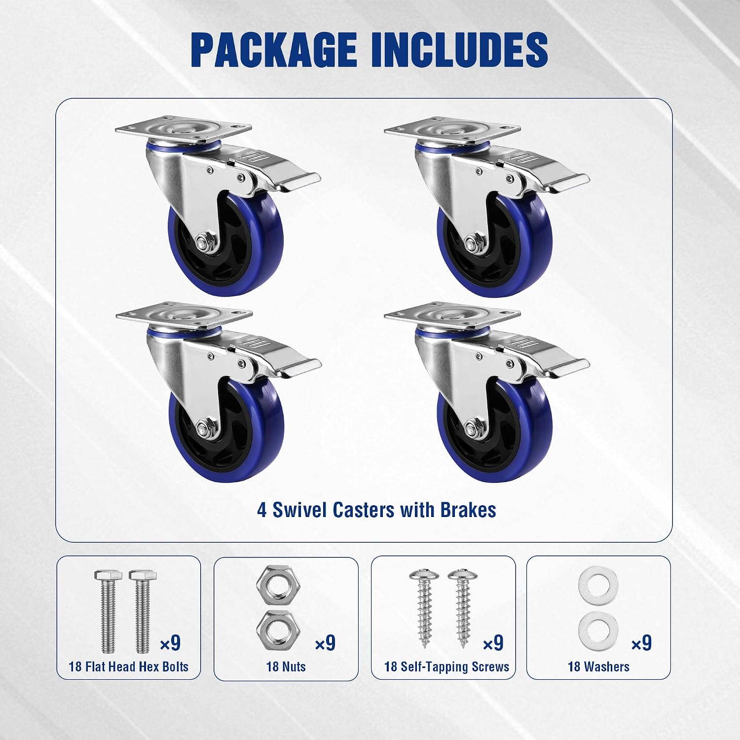 Package includes 4 swivel casters with brakes plus mounting bolts, nuts, and washers