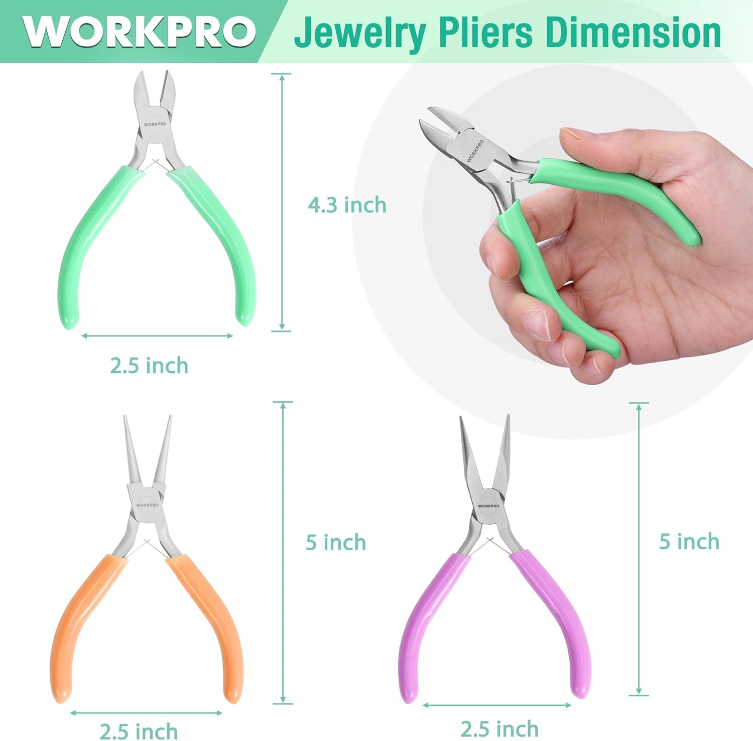 3-piece mini jewelry pliers with green, purple, and orange soft handles