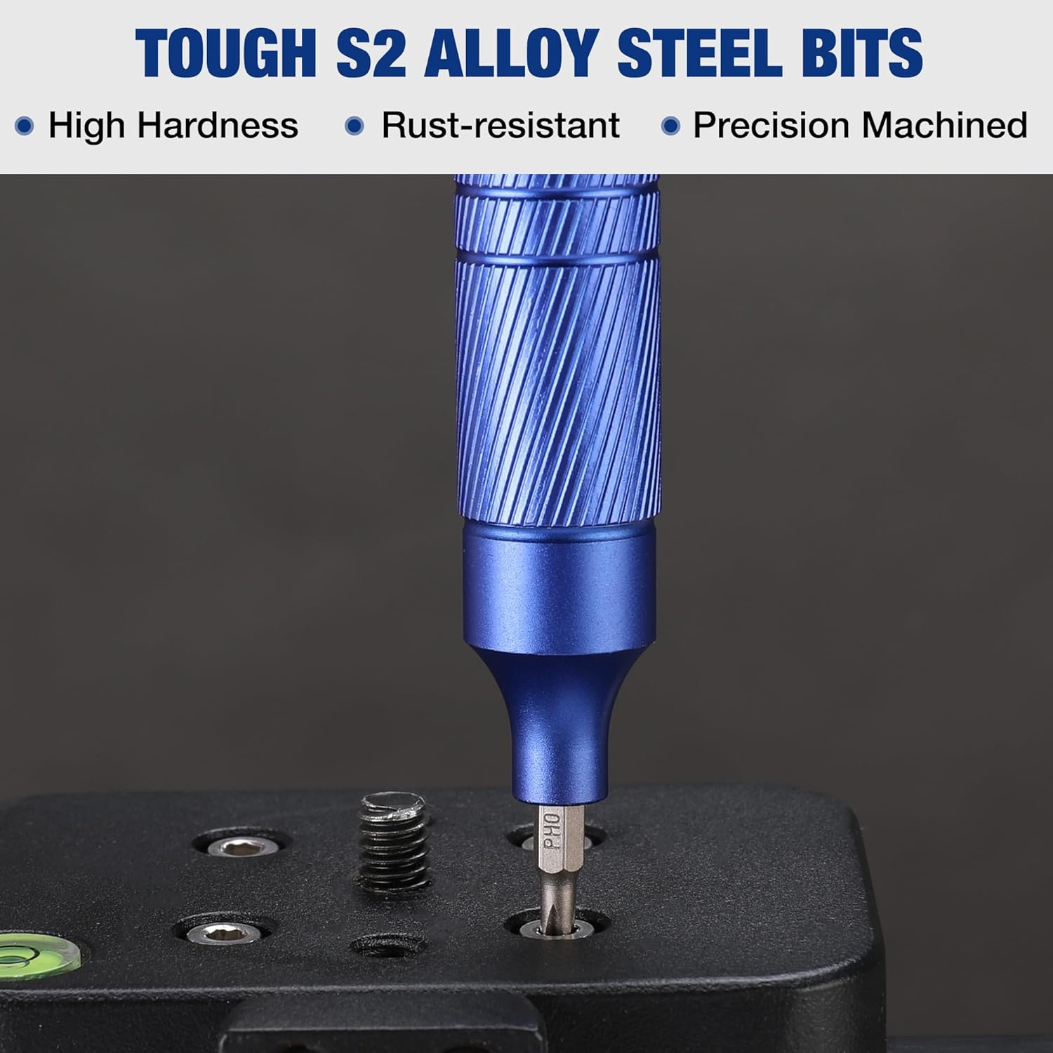 Blue WORKPRO mini screwdriver driving a screw with precision bit tip