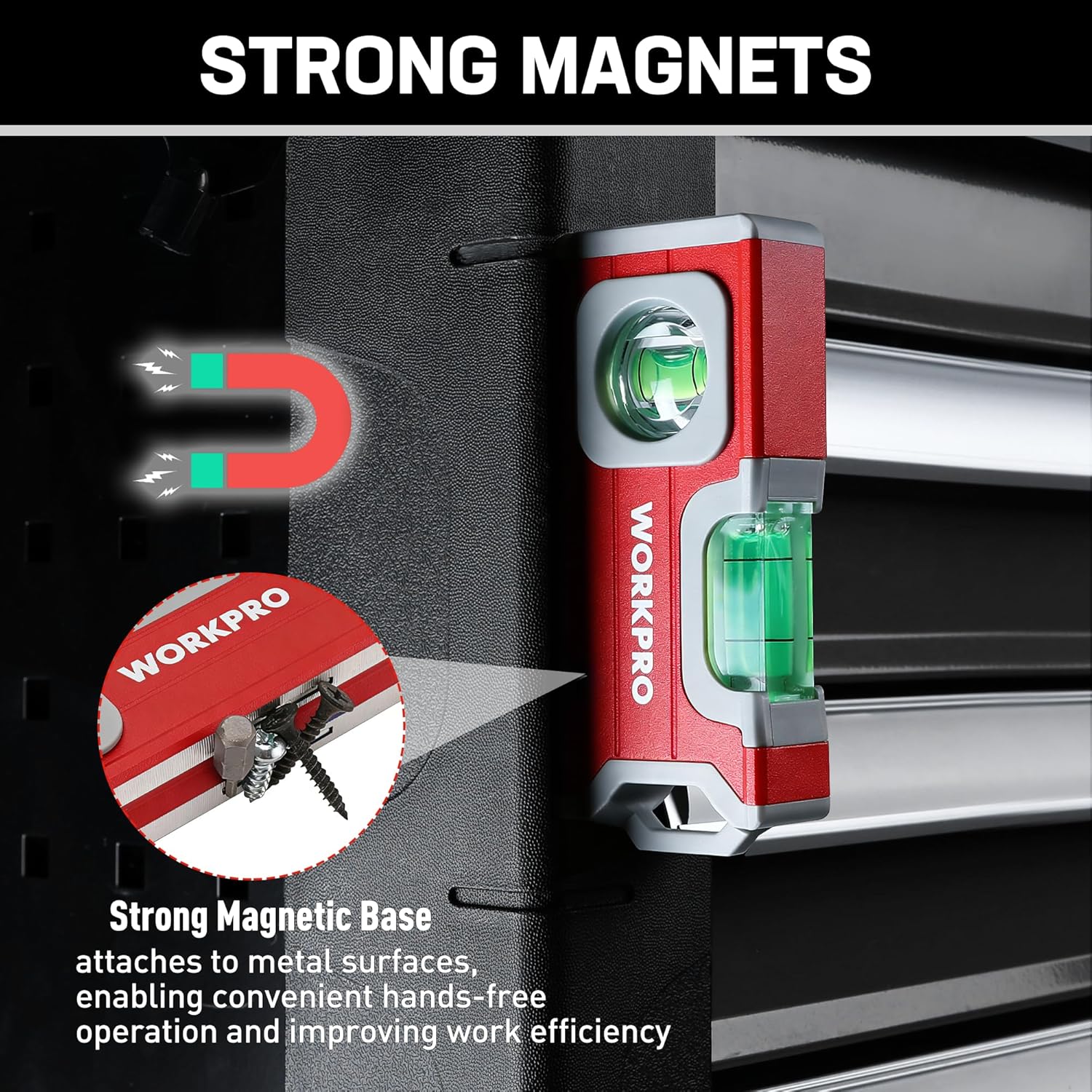 Red mini level with green bubble and strong magnetic base for metal attachment