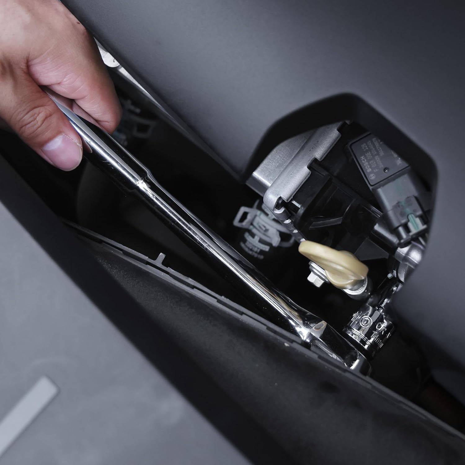 WORKPRO 1/2 in ratchet wrench with socket attachment shown in close-up