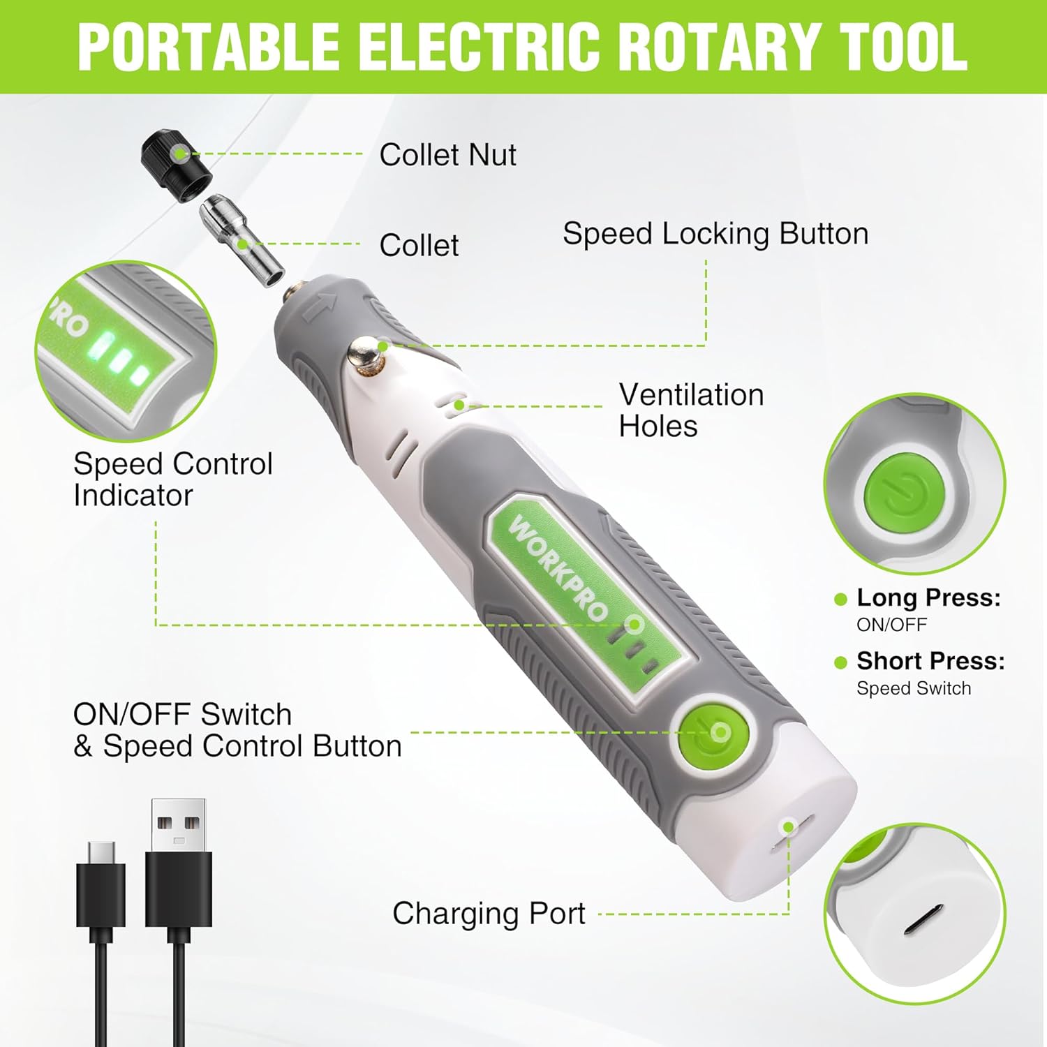 Portable electric rotary tool with speed control and charging port on a white body