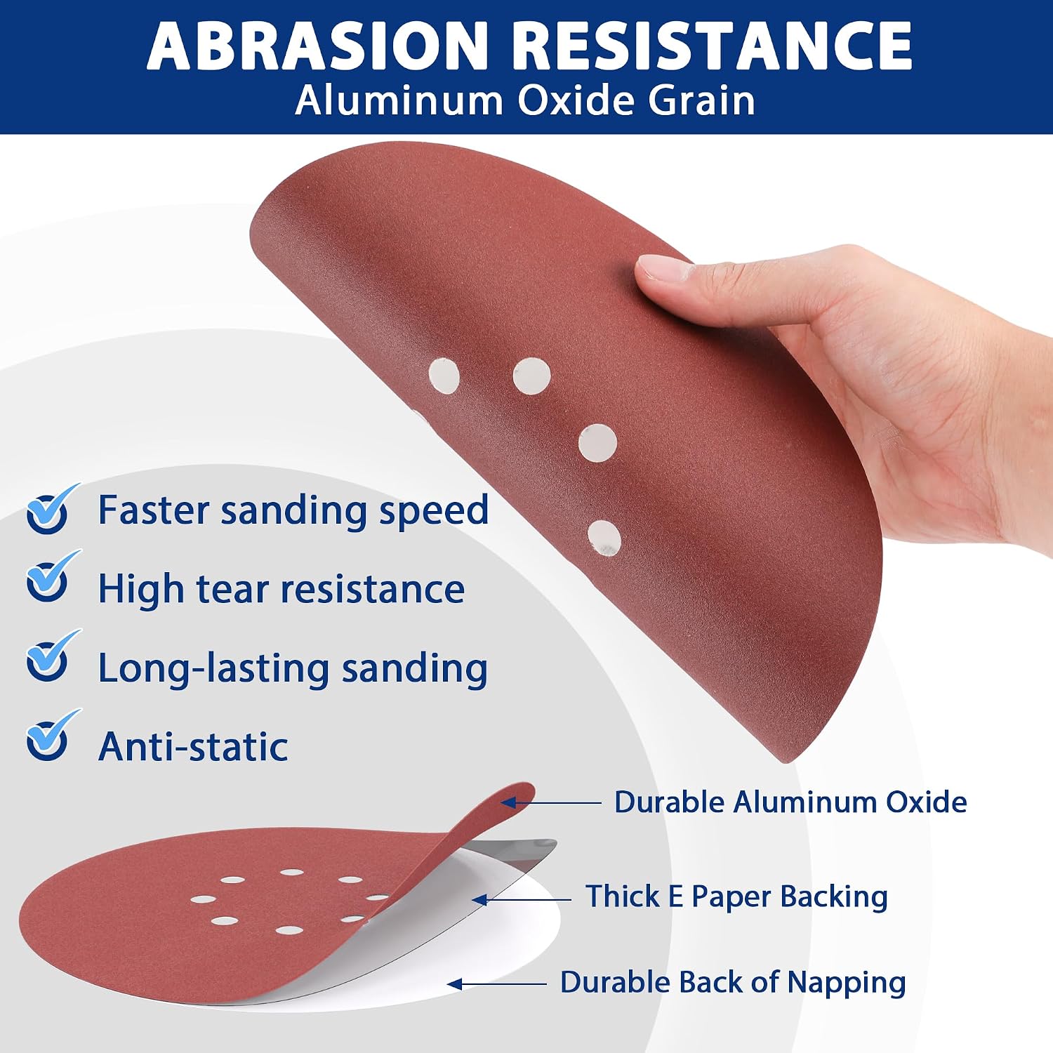 Red abrasive sanding discs with 8-hole pattern and aluminum oxide grain
