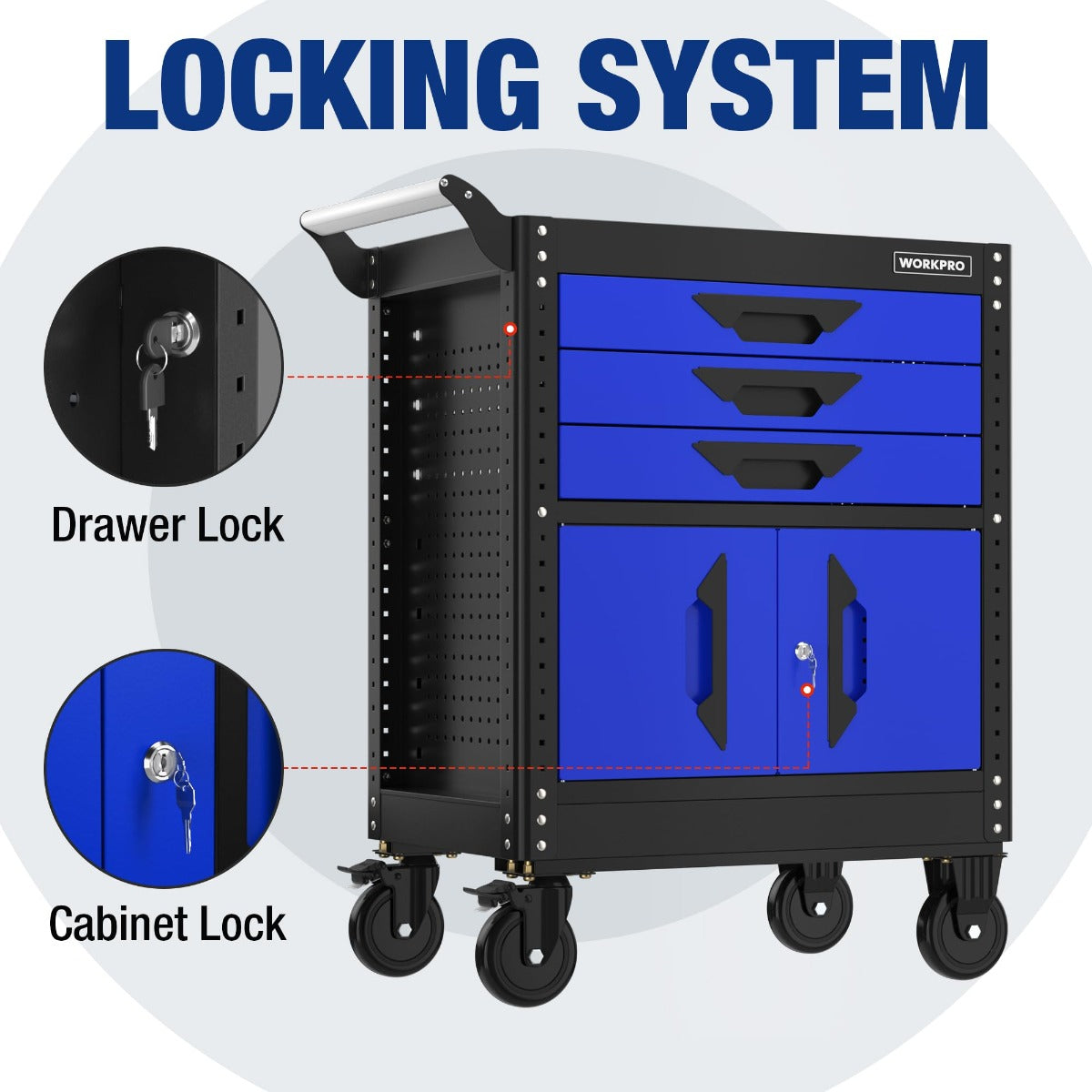 WORKPRO 3-drawer rolling tool chest with lockable cabinet and drawer panels, on wheels