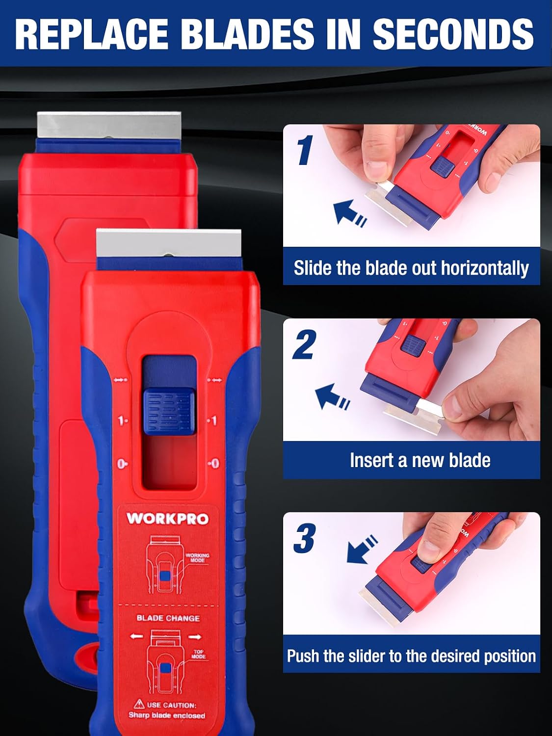 Retractable blade scraper showing blade change steps with slider and insert position