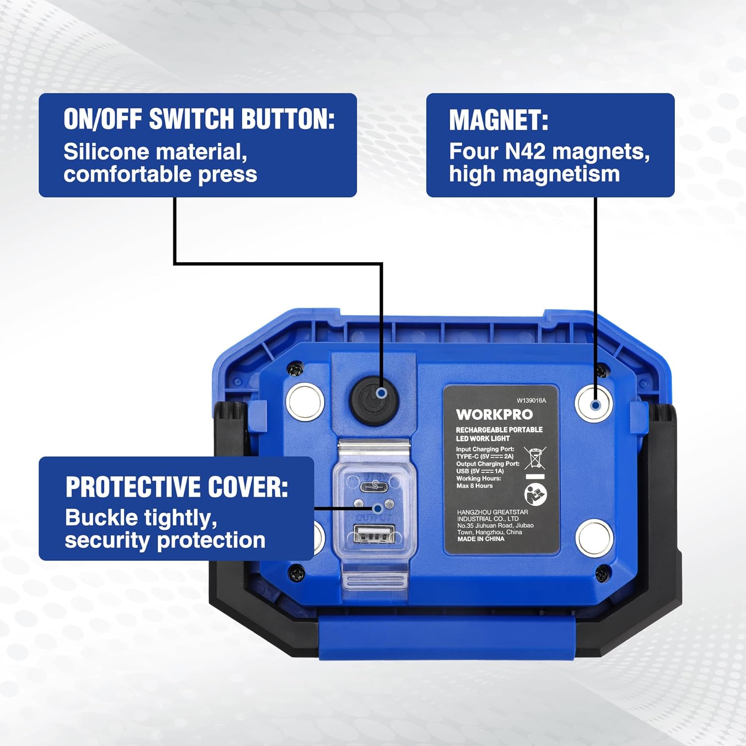 Blue LED work light base with protective cover, switch button, and magnets.