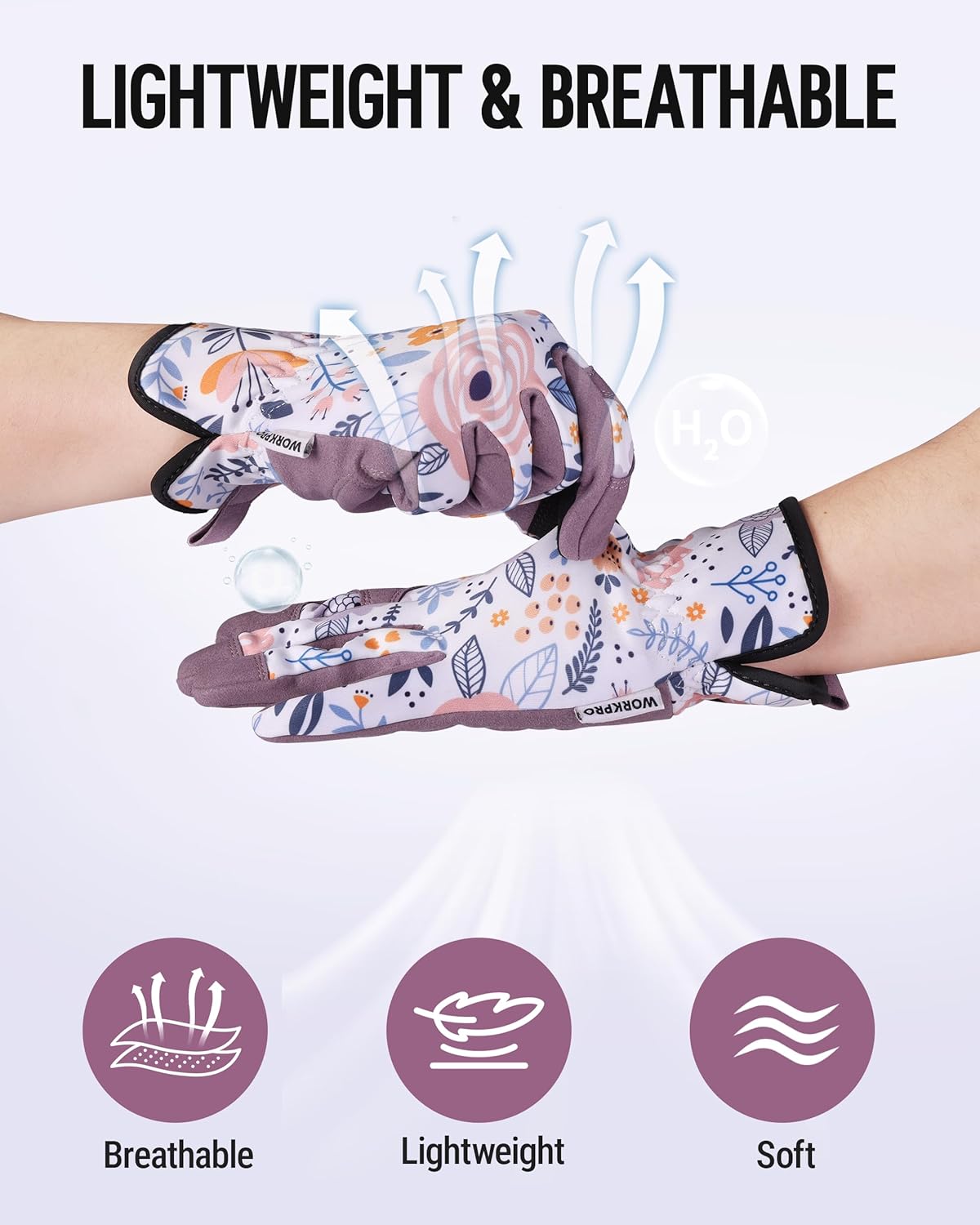 Breathable lightweight gardening gloves with floral print and purple grip palms
