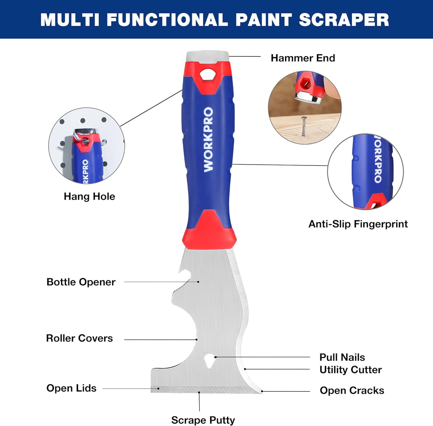 WORKPRO multi functional paint scraper with hammer end, utility cutter, and anti-slip grip