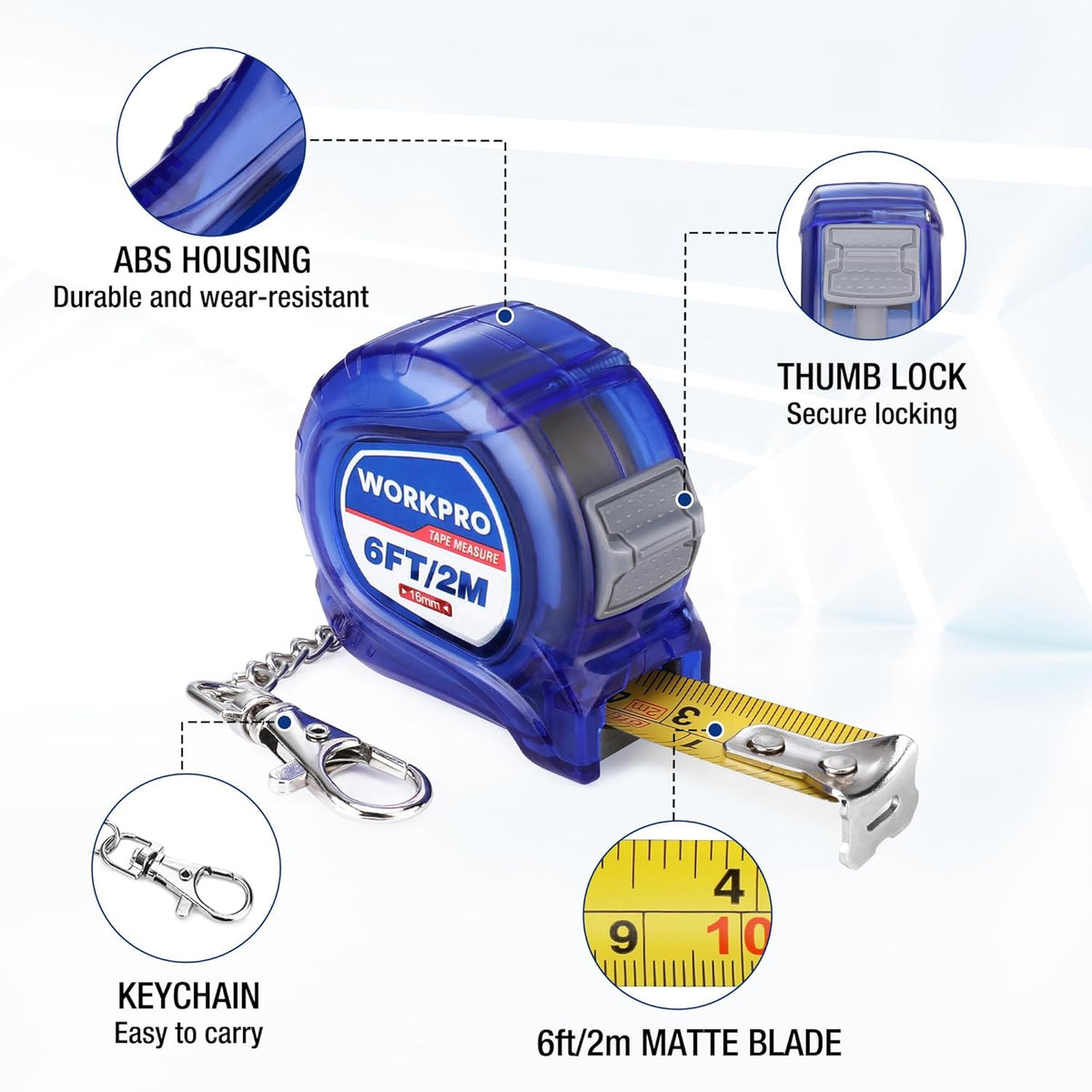 Blue WORKPRO mini keychain tape measure showing ABS housing, thumb lock, and matte tape blade