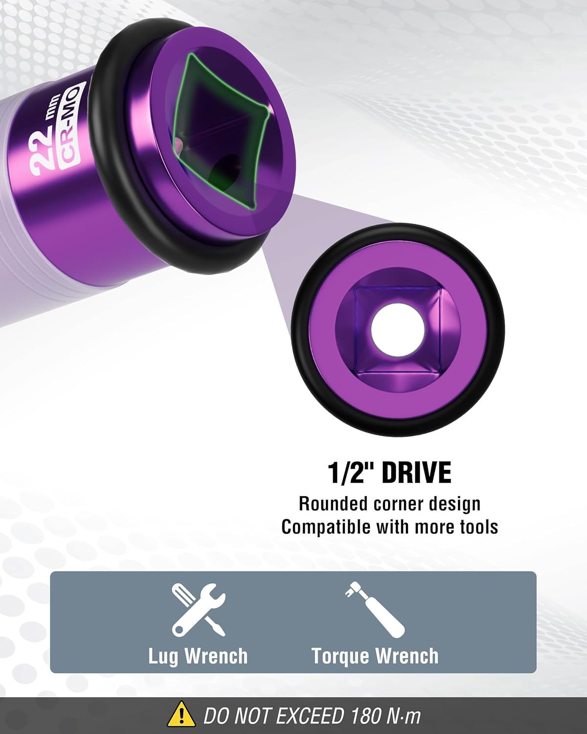 Purple 22mm 1/2 in drive lug nut socket with rounded corner design