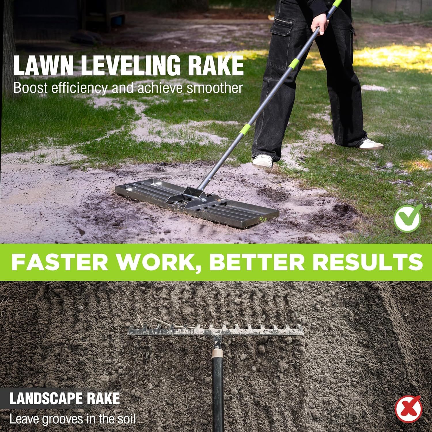 Adjustable lawn leveling rake with stainless frame and green no-slip handle