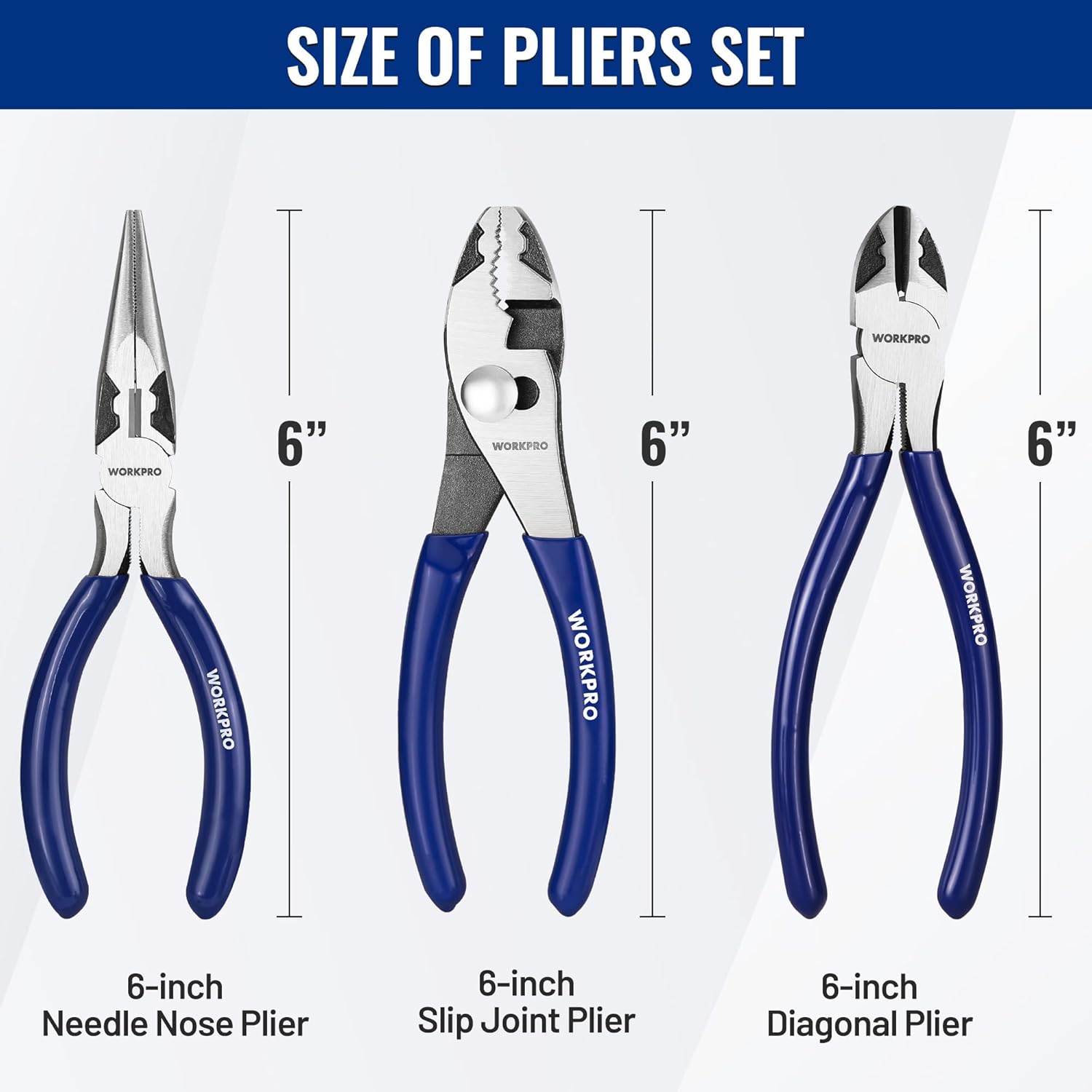 WORKPRO 3-piece 6-inch pliers set: needle nose, slip joint, and diagonal pliers