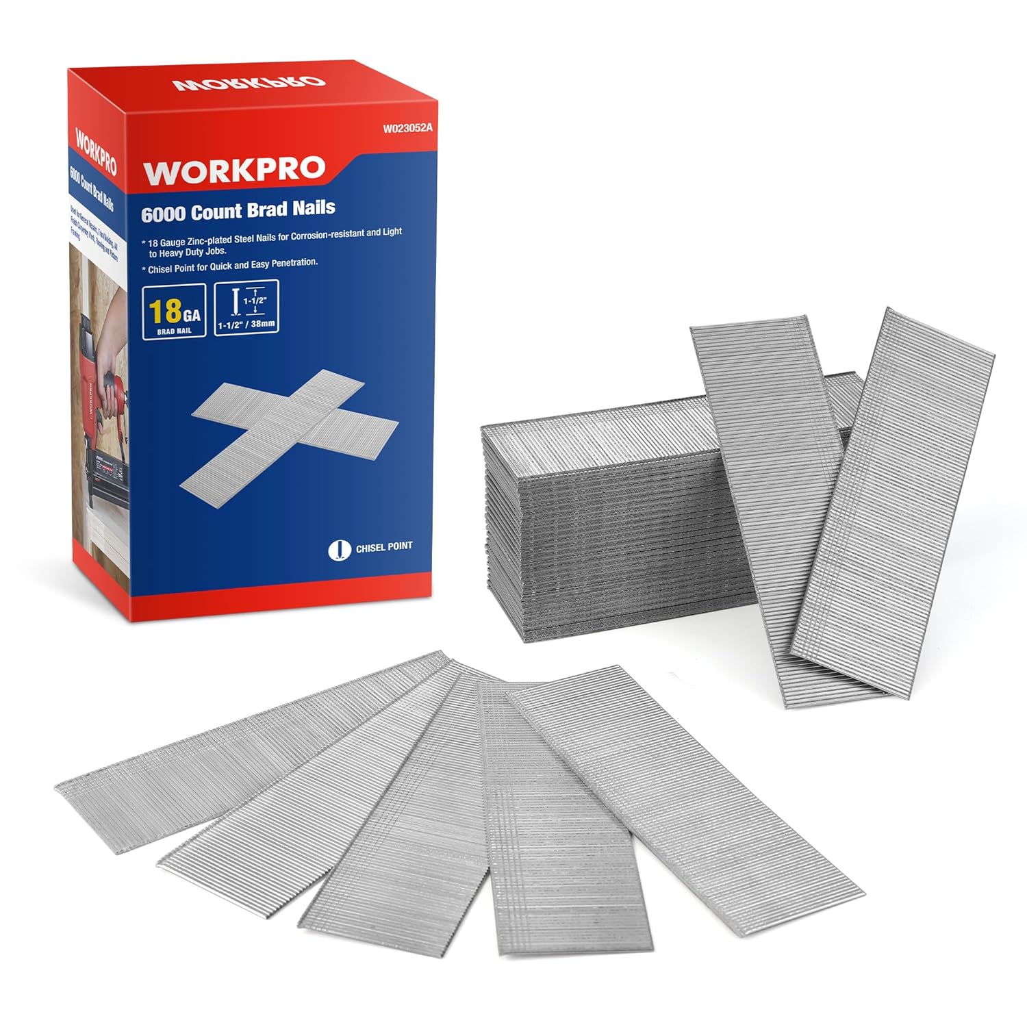 WORKPRO brad nails box with 18GA 1-1/2 in galvanized brads, 6000 count