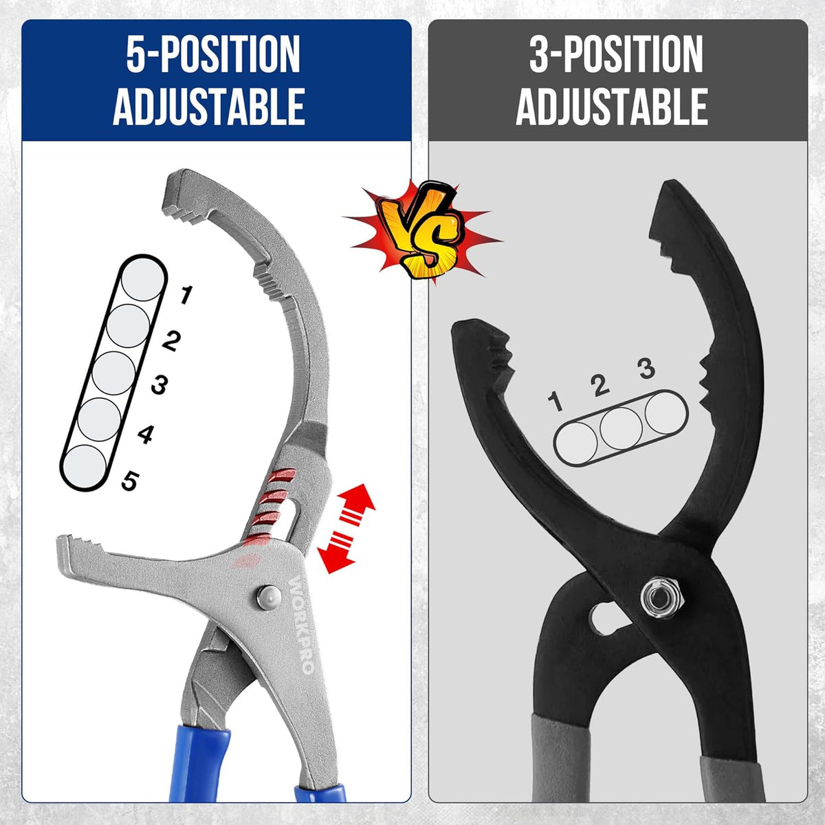 5-position adjustable oil filter wrench with serrated jaw settings and numbered capacity marks