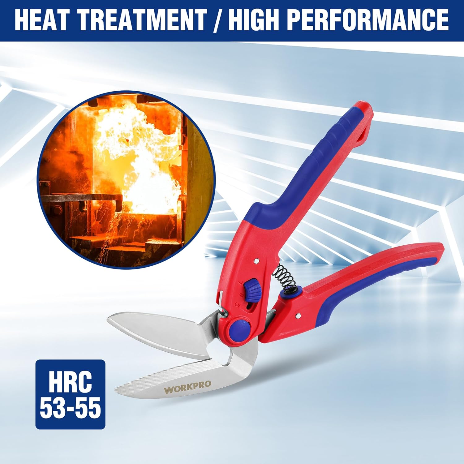 WORKPRO 10-inch scissors with stainless steel blades, red handle grips and blue accents