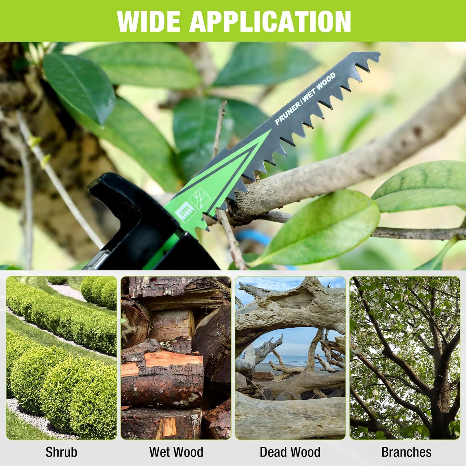 Pruner saw blades for wide applications, cutting branches and wet wood examples
