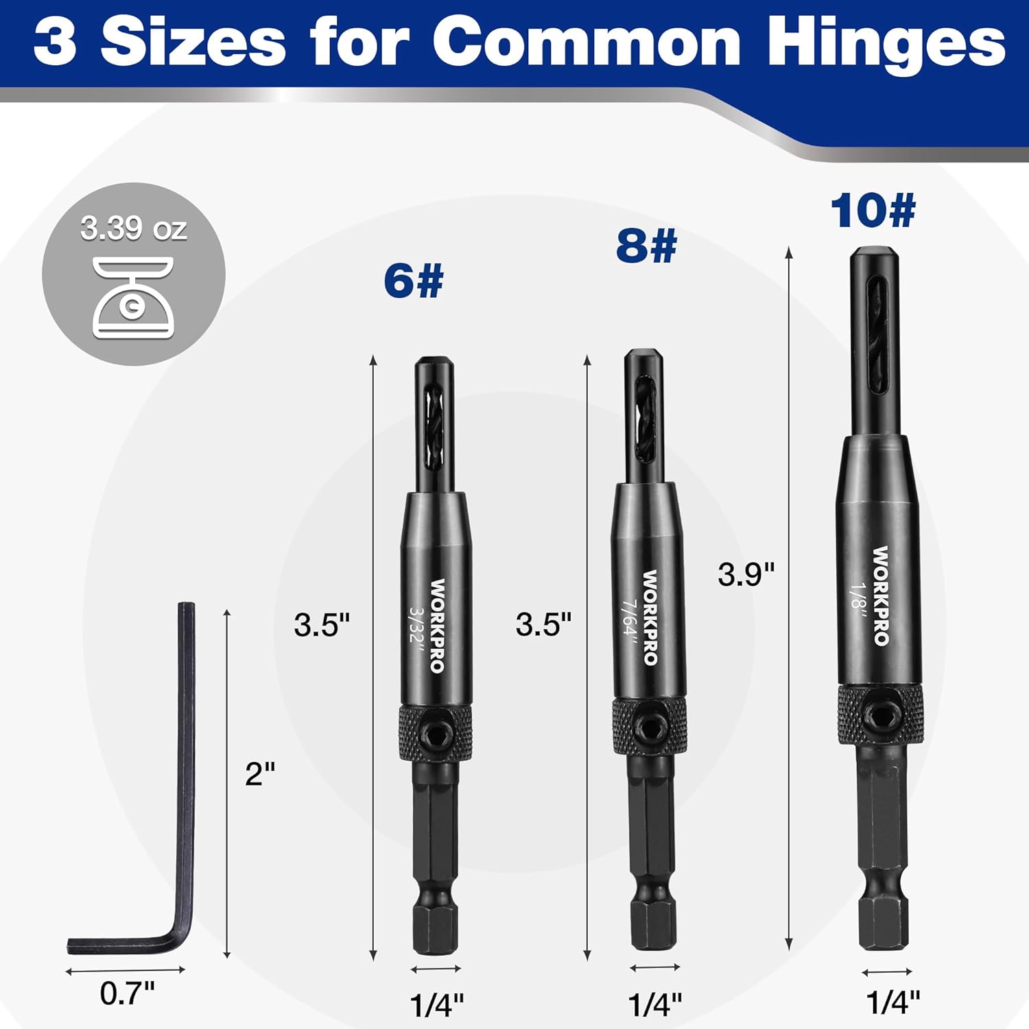 Three self-centering hinge drill bit sizes with 1/4 in hex shank measurements