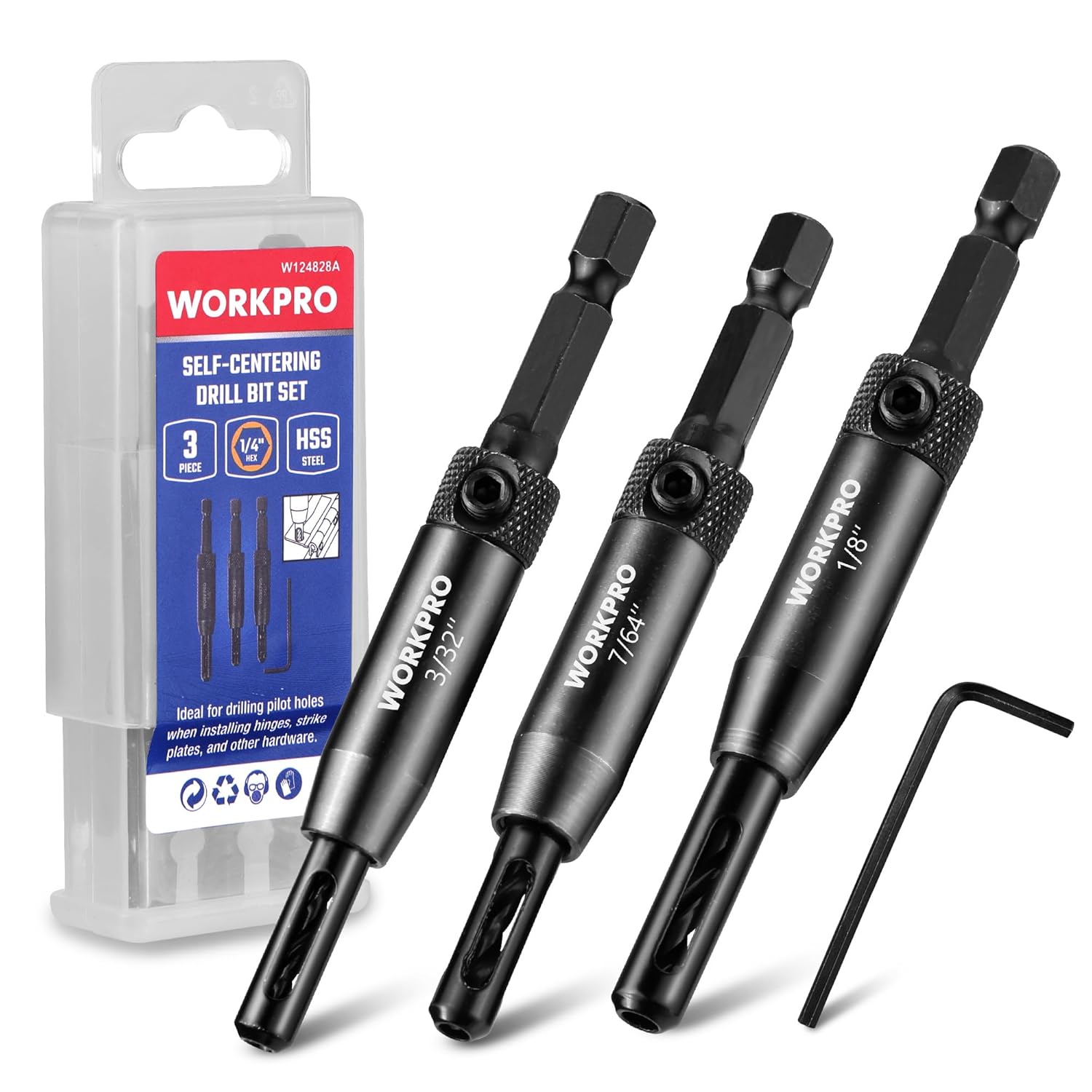 WORKPRO self-centering drill bit set with three HSS bits and hex key in case