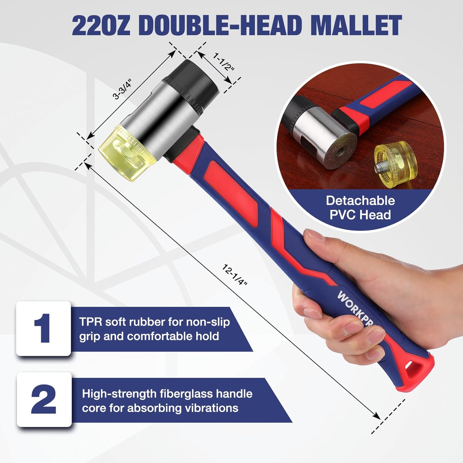 Rubber mallet with detachable PVC head and fiberglass handle for laminate installation