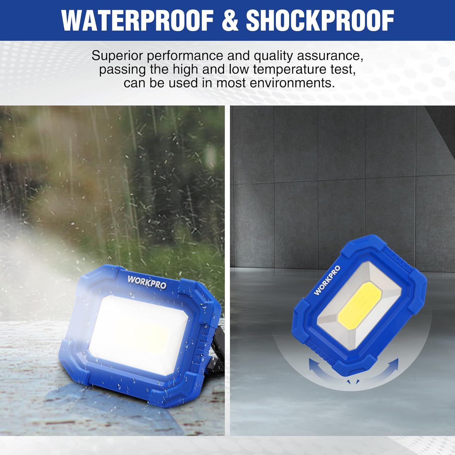 Blue waterproof and shockproof LED work light with COB panel in light rain.