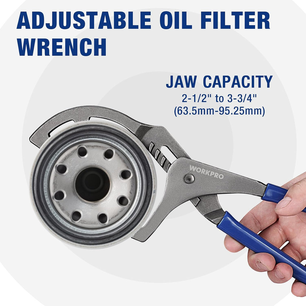 Adjustable oil filter wrench with grey jaws and blue handles, shown beside filter opening