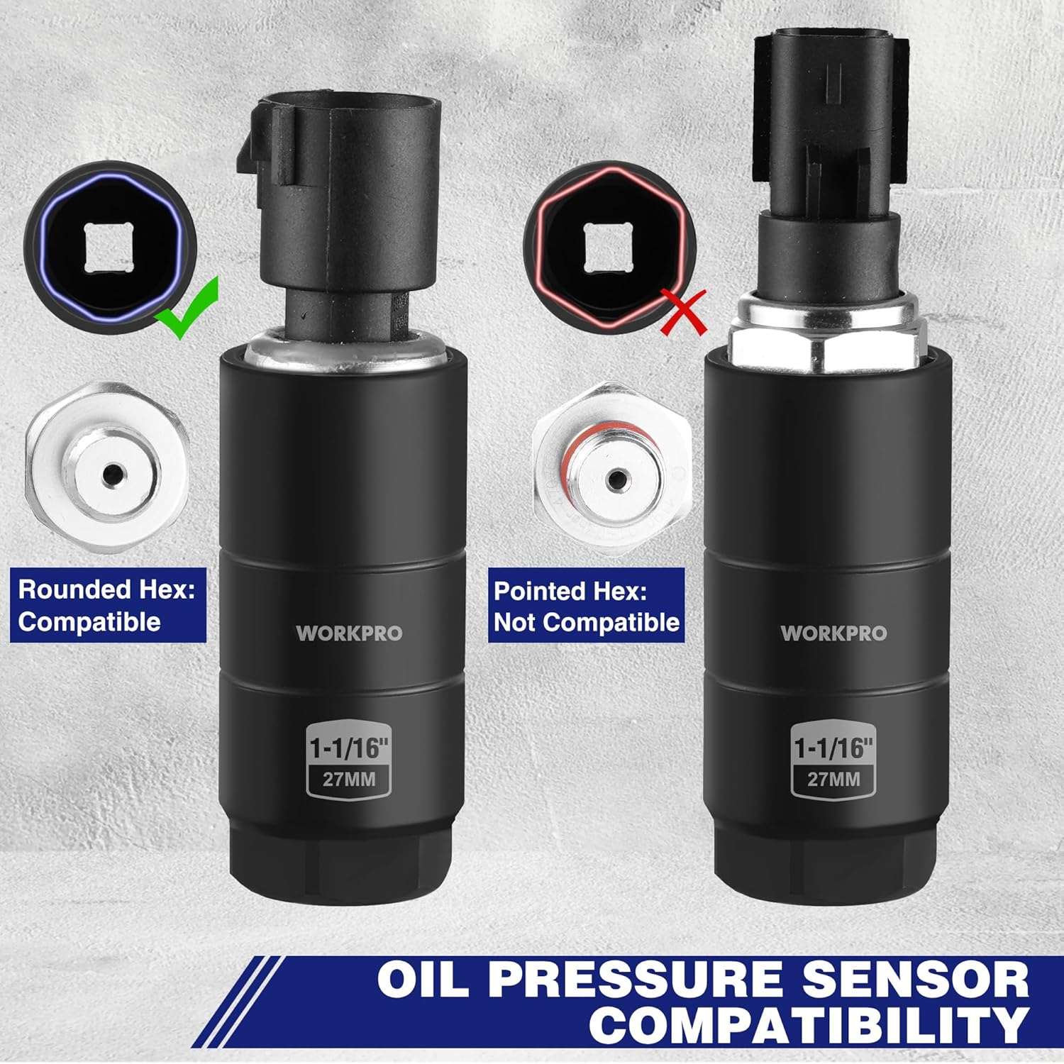 WORKPRO oil pressure sensor socket, black, rounded-hex compatible hex end shown