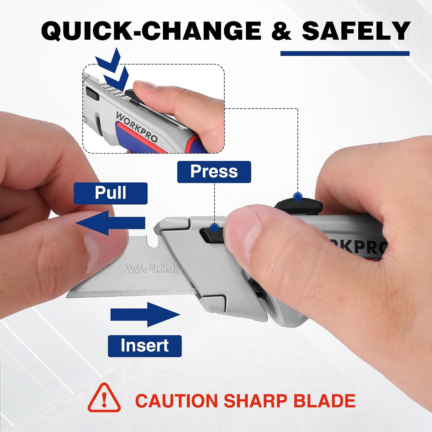 WORKPRO utility knife showing quick-change blade insert by pressing release button