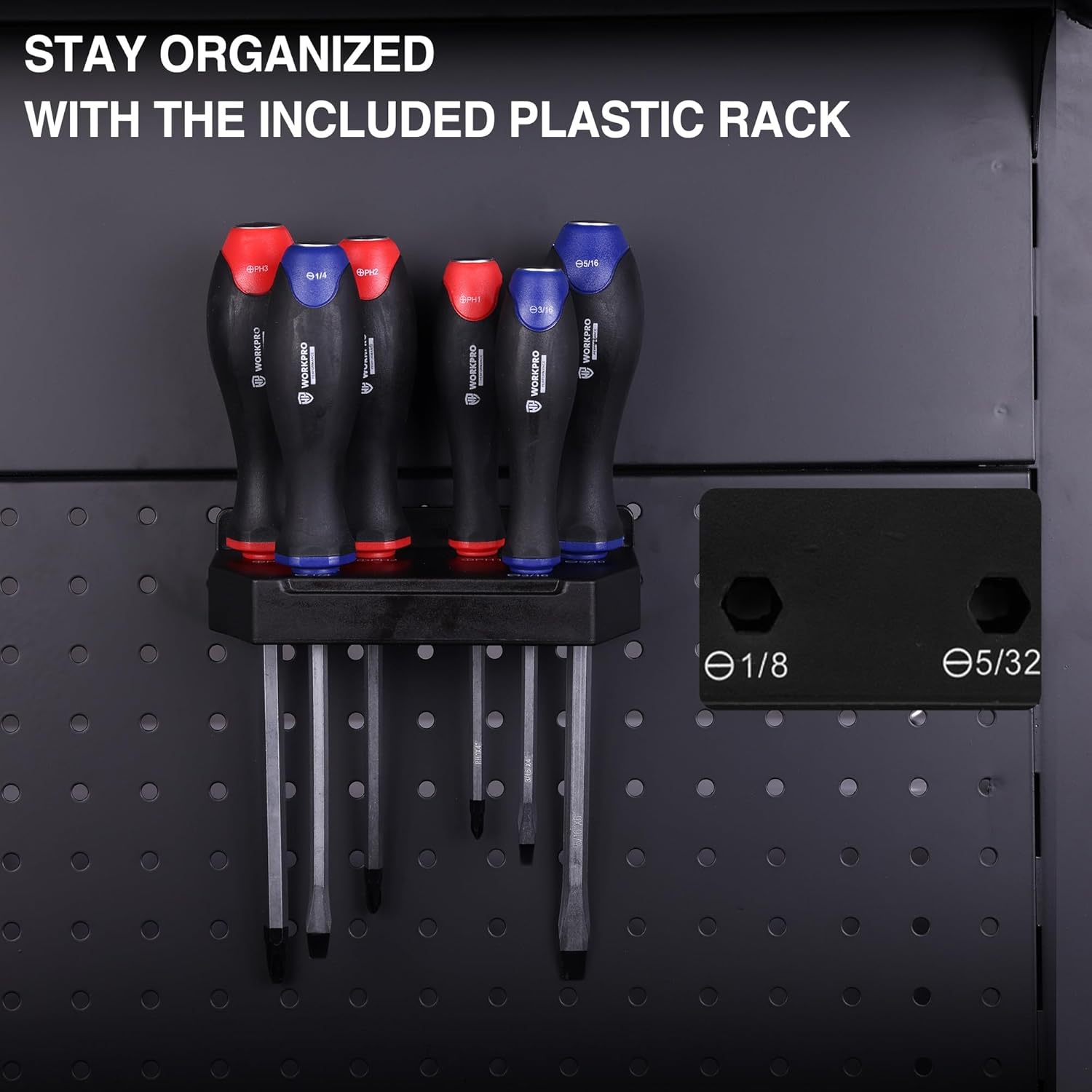 WORKPRO plastic wall rack holding magnetic screwdrivers with blue and red tips