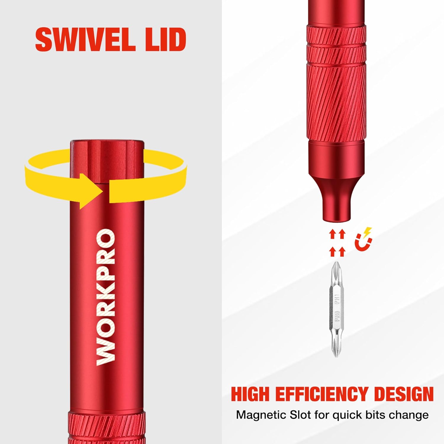 Red mini screwdriver with swivel end cap and magnetic bit storage slot tip