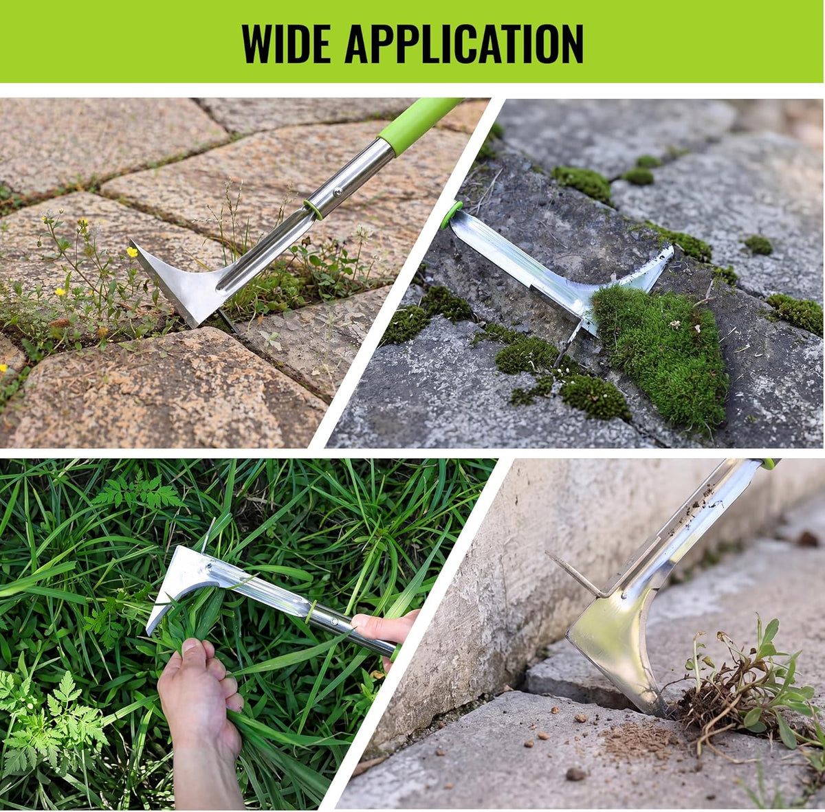Wide crack weeding tool with L-shaped scraper blade for paving gaps and lawn edges