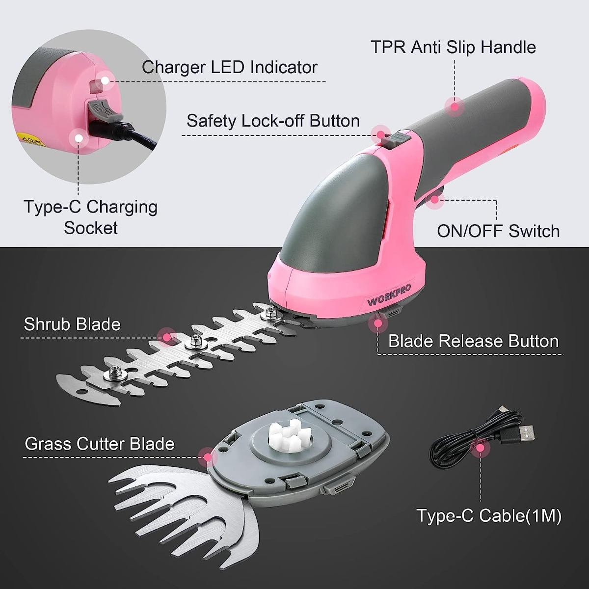 2-in-1 handheld electric trimmer, pink handle and dark gray shield, blades and Type-C cable