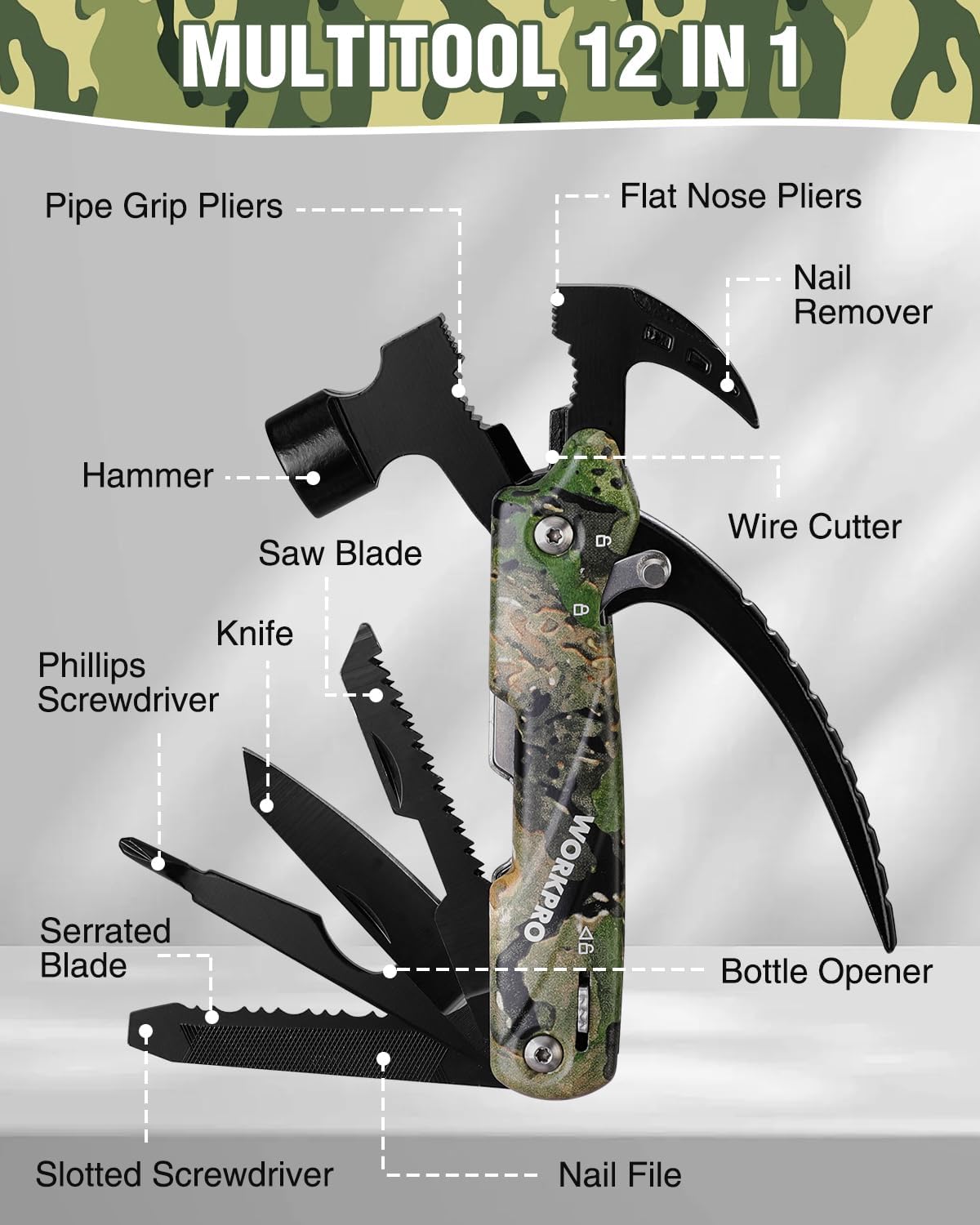 WORKPRO 12-in-1 multitool with mini hammer and saw, camouflage handle, open layout