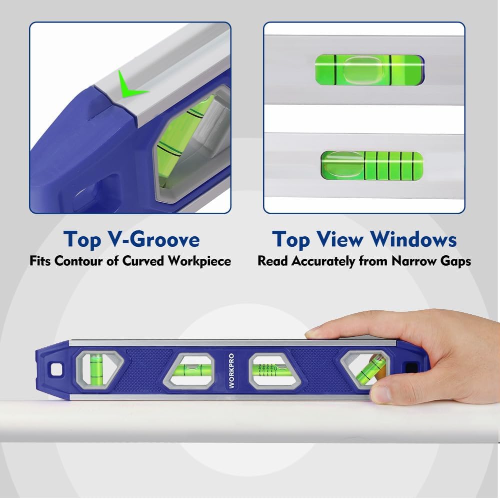 Blue torpedo level with top V-groove and windowed vials for accurate narrow-gap reads