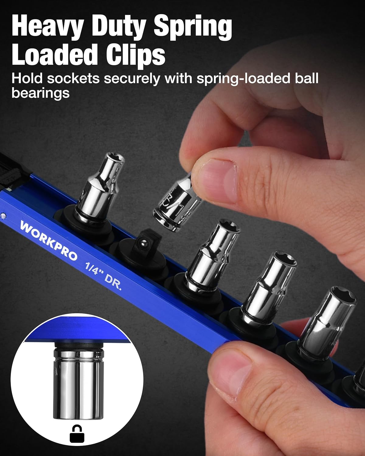 Spring-loaded black clips on blue magnetic socket rail for secure socket holding