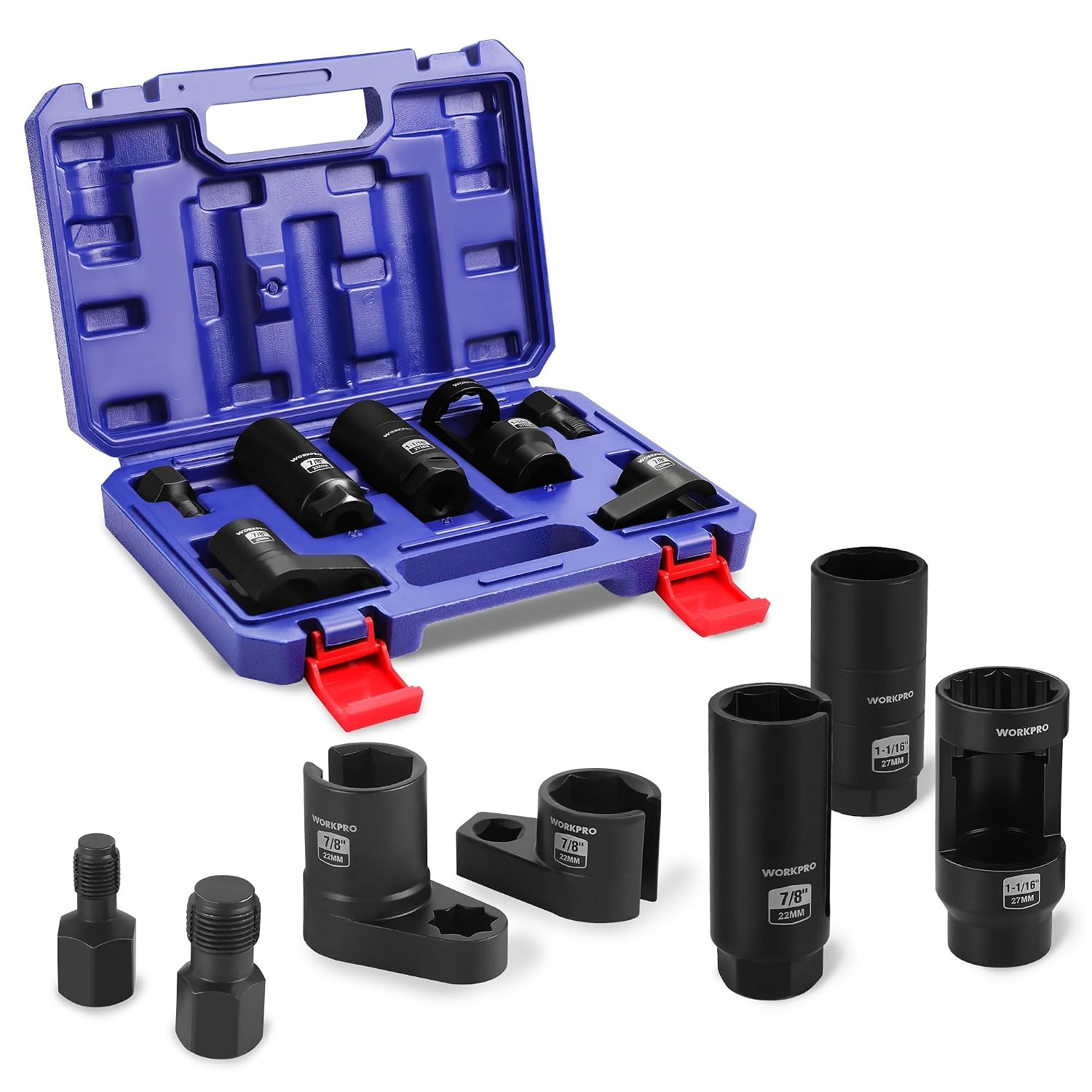 Oxygen sensor socket removal tool kit with black sockets in blue storage case