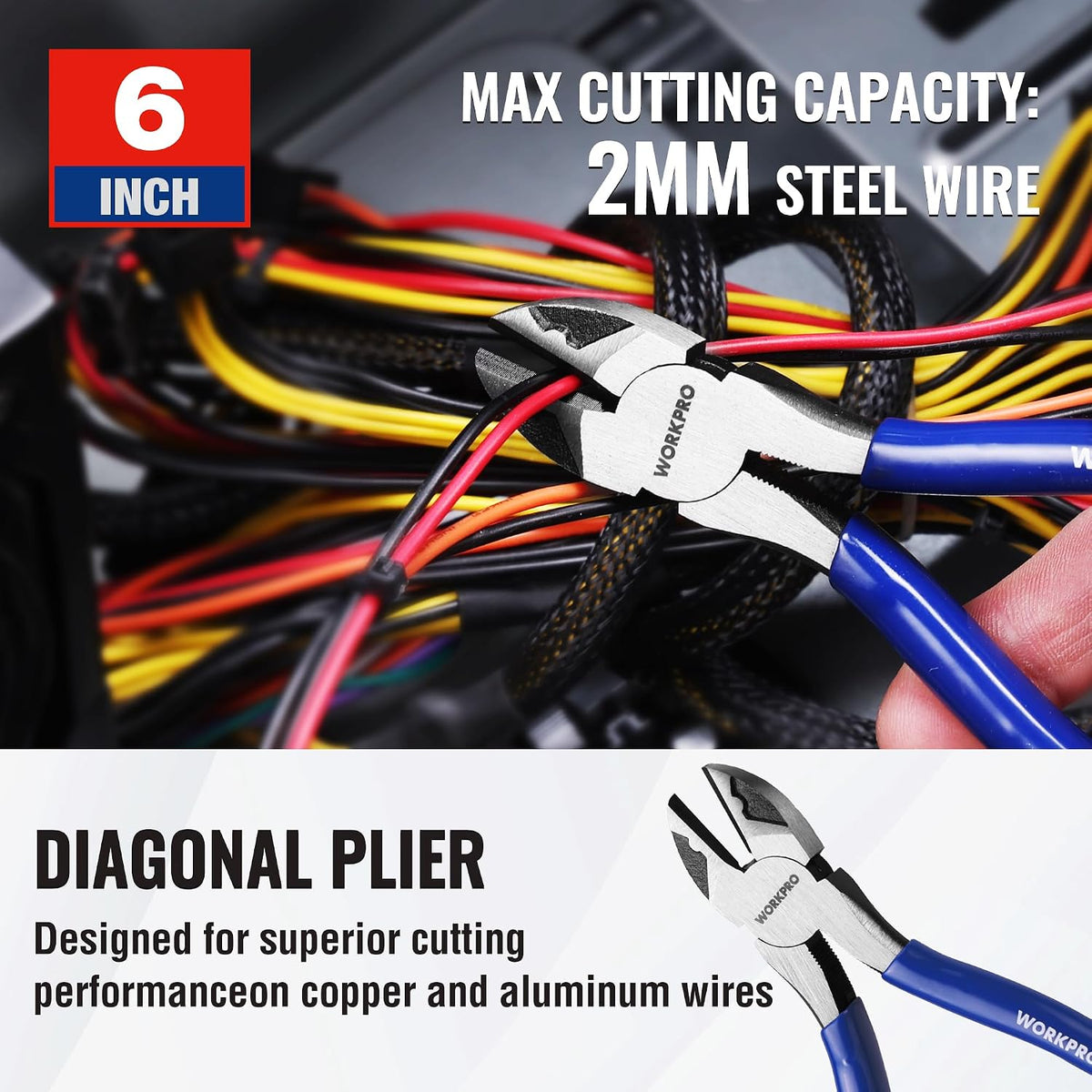 Workpro seven-piece pliers set with blue accents and 2 mm steel wire cutting capacity for daily repair applications.